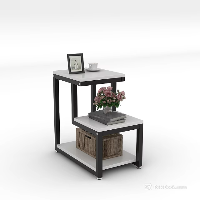 Multi Tier Side Table with Black Frame White Top Photo Frame Cup Flowers Wicker Basket 3d model