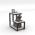 Multi Tier Side Table with Black Frame White Top Photo Frame Cup Flowers Wicker Basket 3d model