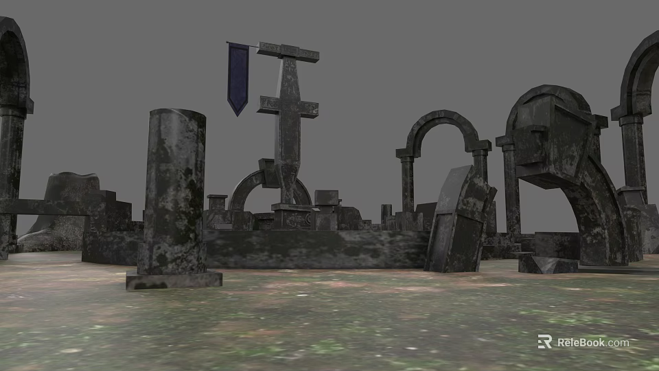 Historic Garden Landscape Featuring Stone Arches Weathered Pillars And Hanging Flag 3d model 
