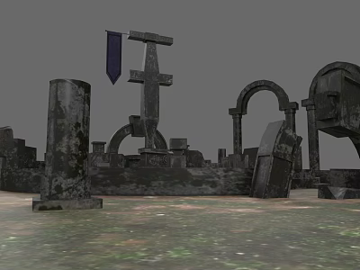 Historic Garden Landscape Featuring Stone Arches Weathered Pillars And Hanging Flag 3d model