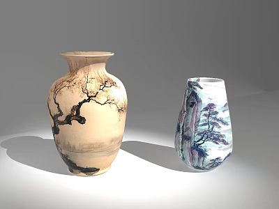Light And Blue White Ceramic Vases With Tree Flower And Landscape Pine Patterns 3d model