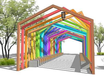 Rainbow Colored Pergola With Wooden Frame And Benches In Park Setting 3d model