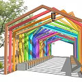 Rainbow Colored Pergola With Wooden Frame And Benches In Park Setting
