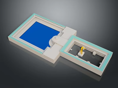 Detailed Architectural Scale Model With Blue Open Space White Structure And Interior Yellow Figurine 3d model