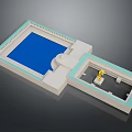 Detailed Architectural Scale Model With Blue Open Space White Structure And Interior Yellow Figurine