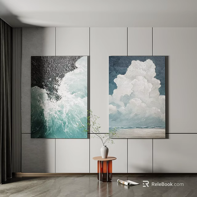 Interior Wall Decorative Paintings Featuring Ocean Waves And White Clouds With Small Table Plant 3d model
