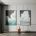 Interior Wall Decorative Paintings Featuring Ocean Waves And White Clouds With Small Table Plant 3d model