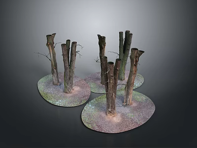 Natural Scene With Dead Tree Trunks On Circular Platforms Covered In Moss And Stones 3d model