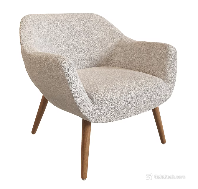 Modern Beige Plush Single Sofa With Curved Armrests And Wooden Legs 3d model 