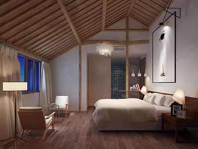 Cozy Hotel Room Featuring Wooden Ceiling King Bed White Linens Wooden Floor And Wall Art 3d model