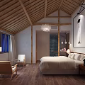 Cozy Hotel Room Featuring Wooden Ceiling King Bed White Linens Wooden Floor And Wall Art