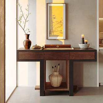 Quiet Middle and Ancient Style Hallway End View Table End View Table Entrance Table Entrance Cabinet Entrance Pot Utensils Chinese Style Painting Dried Flowers Candle Ornaments 3d model