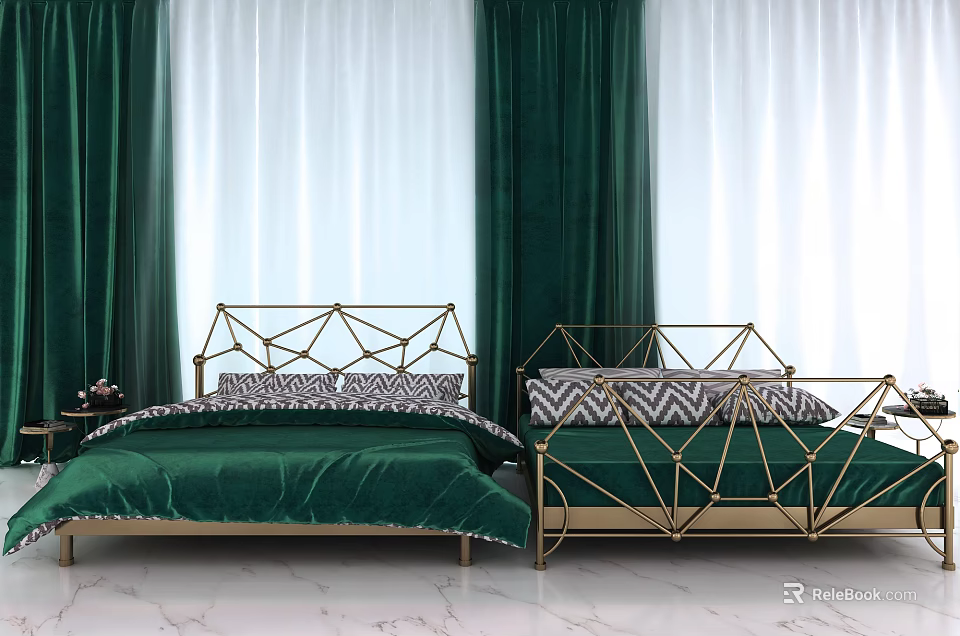 Double Bed With Geometric Gold Frame Green Velvet Bedding And Pattern Pillows On Marble Floor 3d model 