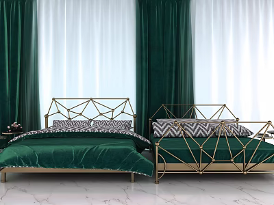 Double Bed With Geometric Gold Frame Green Velvet Bedding And Pattern Pillows On Marble Floor 3d model