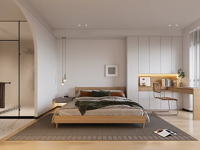 Modern Bedroom Interior With Wooden Bed Gray Brown Quilt Desk Bookshelf And Metal Chair 3d model