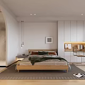 Modern Bedroom Interior With Wooden Bed Gray Brown Quilt Desk Bookshelf And Metal Chair