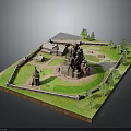 Detailed Architectural Model of Historical Building with Towers Enclosure Green Grass Trees and Ancillary Structures