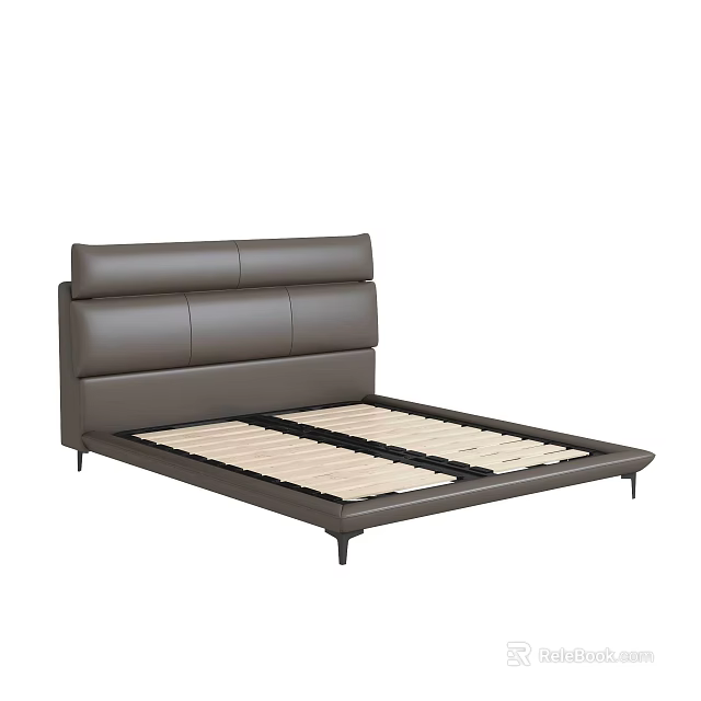Modern Brown Leather Upholstered Headboard Double Bed With Slat Base Frame 3d model 