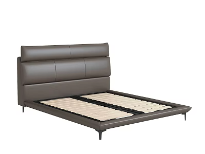 Modern Brown Leather Upholstered Headboard Double Bed With Slat Base Frame 3d model