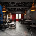 Modern Restaurant Interior With Blue Walls Black Ceiling Hand Drawn Patterns Copper Pendant Lights 3d model