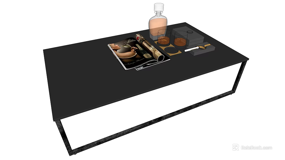 Modern Black Coffee Table Interior With Magazine Bottle Tray And Decorative Items 3d model 