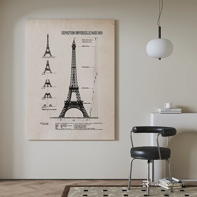 Vintage Eiffel Tower Blueprint Poster in Minimalist Interior with Pendant Light Chair and Wooden Shelf 3d model 