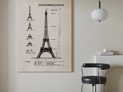 Vintage Eiffel Tower Blueprint Poster in Minimalist Interior with Pendant Light Chair and Wooden Shelf 3d model