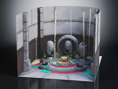 Mystical 3D Paper Model Ritual Scene With Stone Structure Golden Decorations And Central Object 3d model