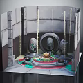 Mystical 3D Paper Model Ritual Scene With Stone Structure Golden Decorations And Central Object