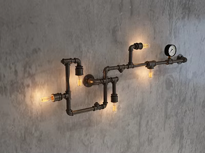 Industrial Style Pipe Design Wall Sconce with Illuminated Bulbs on Concrete Wall 3d model