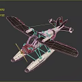 Red And White Biplane Seaplane Model With Floats And Detailed Design