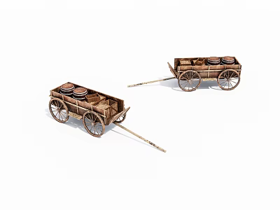 Two Vintage Wooden Carts With Wheels And Barrels On White Surface 3d model