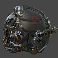 Retro Futuristic Metallic Helmet With Orange Visor Piping Details And Red Accents