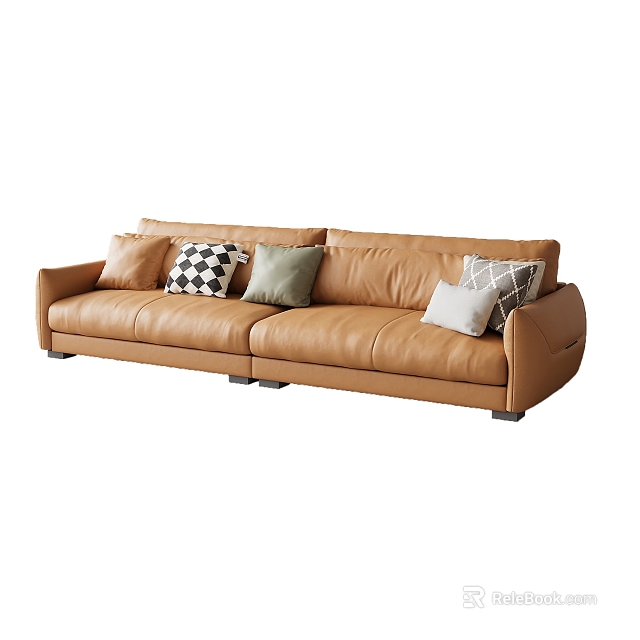 Modern Brown Leather Three Seater Sofa With Decorative Pillows In Living Room 3d model 