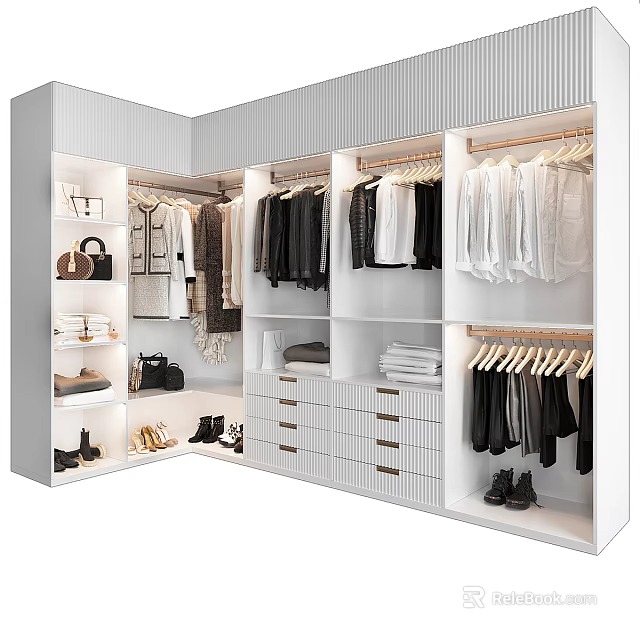 Spacious Modern Wardrobe Interior Design With Hanging Rods Drawers Shoes Storage And Folded Clothes 3d model 
