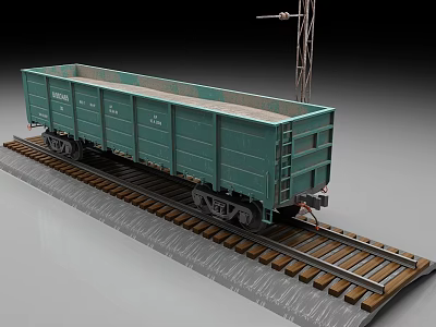 Green Freight Car Model On Railway Tracks With Signal Tower 3d model
