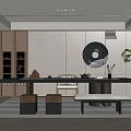 Modern Tea Room Interior With Long Table Wooden Stools Bench Circular Decor And Potted Plant