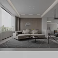 Modern Living Dining Room Interior With Light Sofa Dining Table TV Wall And Area Rug