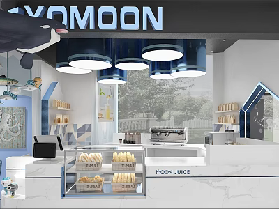YOMOON Cafe Interior With Blue White Decor Hanging Lights Fresh Bread And Moon Juice Counter 3d model
