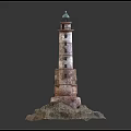 Historic Lighthouse Tower with Spiral Structure Green Top and Rocky Base Model 3d model