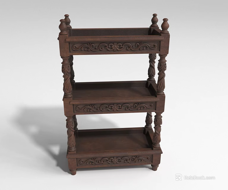Classic Wooden Three Tier Bookcase With Intricate Carved Details And Shelves 3d model 