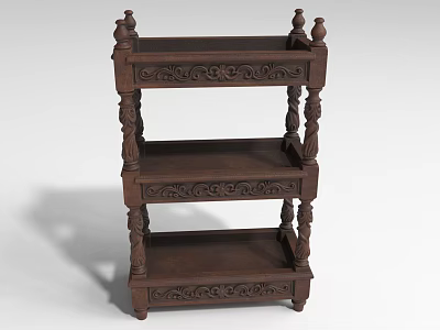 Classic Wooden Three Tier Bookcase With Intricate Carved Details And Shelves 3d model