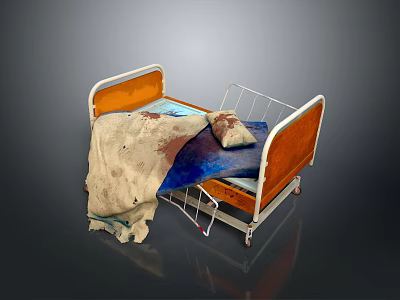 Old Children's Bed With Stained Blanket Blue Mattress And Wooden Headboard 3d model