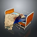 Old Children's Bed With Stained Blanket Blue Mattress And Wooden Headboard