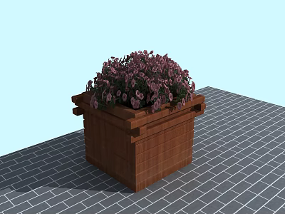 Wooden Planter Box With Purple Flowers For Garden Decor On Tile Floor 3d model