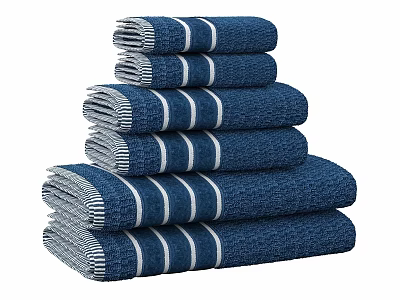 Stack of Blue Towels with White Stripes and Gray Trim for Daily Use 3d model