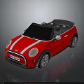 Shiny Red Mini Cooper Convertible with White Stripes Black Top and Silver Wheels