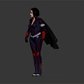 Female Character Standing In Dark Tight Suit With Red Accents And Black Cape