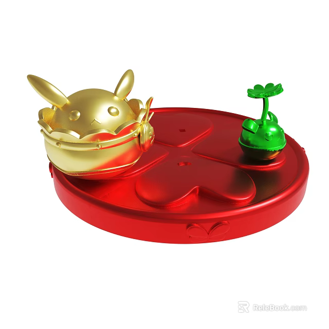 Red Circular Tray With Golden Pikachu Shaped Ornament And Green Clover Decor 3d model 
