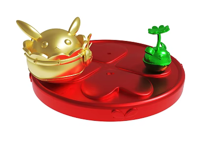 Red Circular Tray With Golden Pikachu Shaped Ornament And Green Clover Decor 3d model